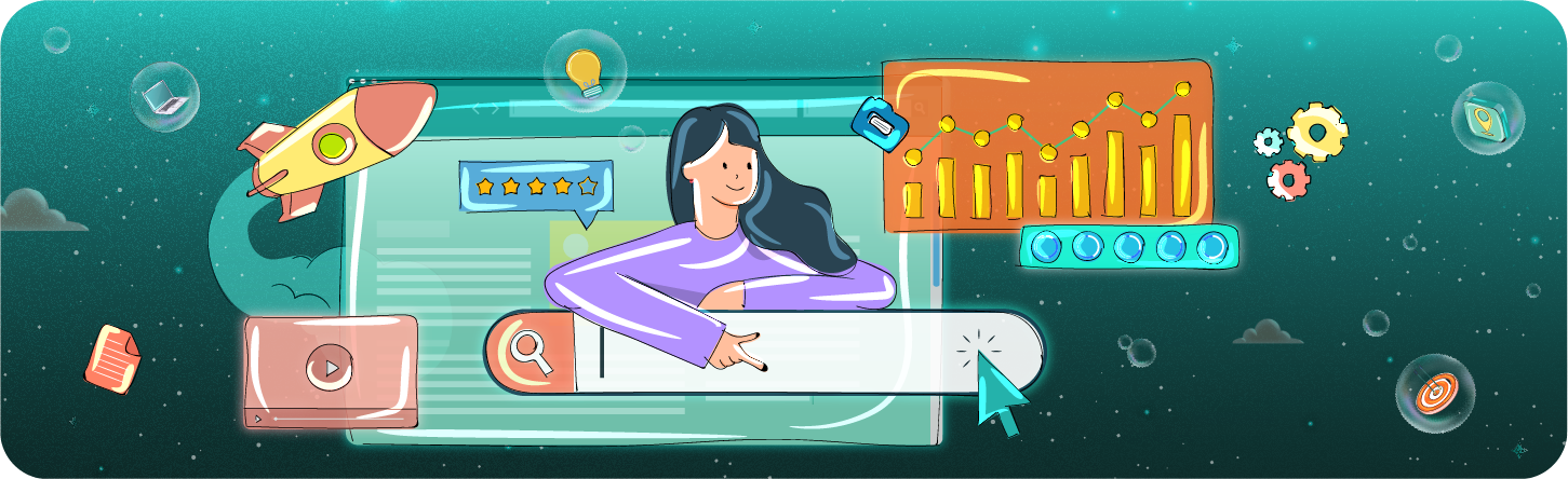 A vibrant illustration depicting SEO strategies for 2025. A woman interacts with a search bar, surrounded by visual elements representing website optimization, keyword research (magnifying glass), content quality (stars), and traffic growth (rocket).