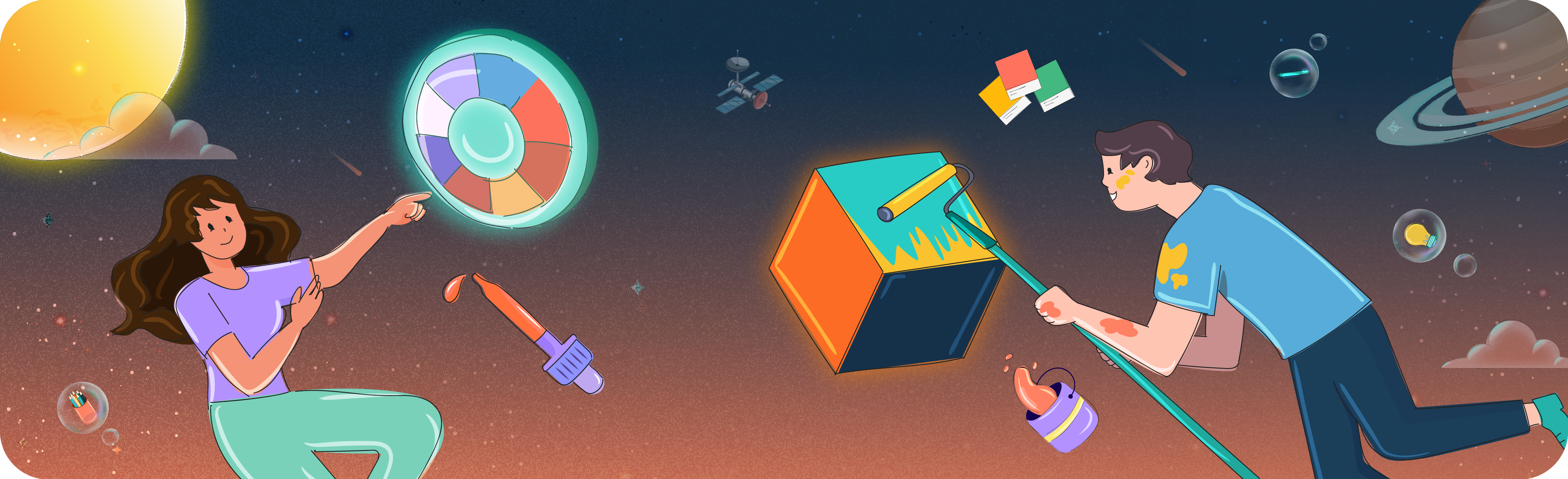 An imaginative illustration titled "Logo Magic," depicting the process of brand color selection. A designer interacts with a glowing color wheel, while another paints a multifaceted logo in a cosmic setting, surrounded by planets and design elements.