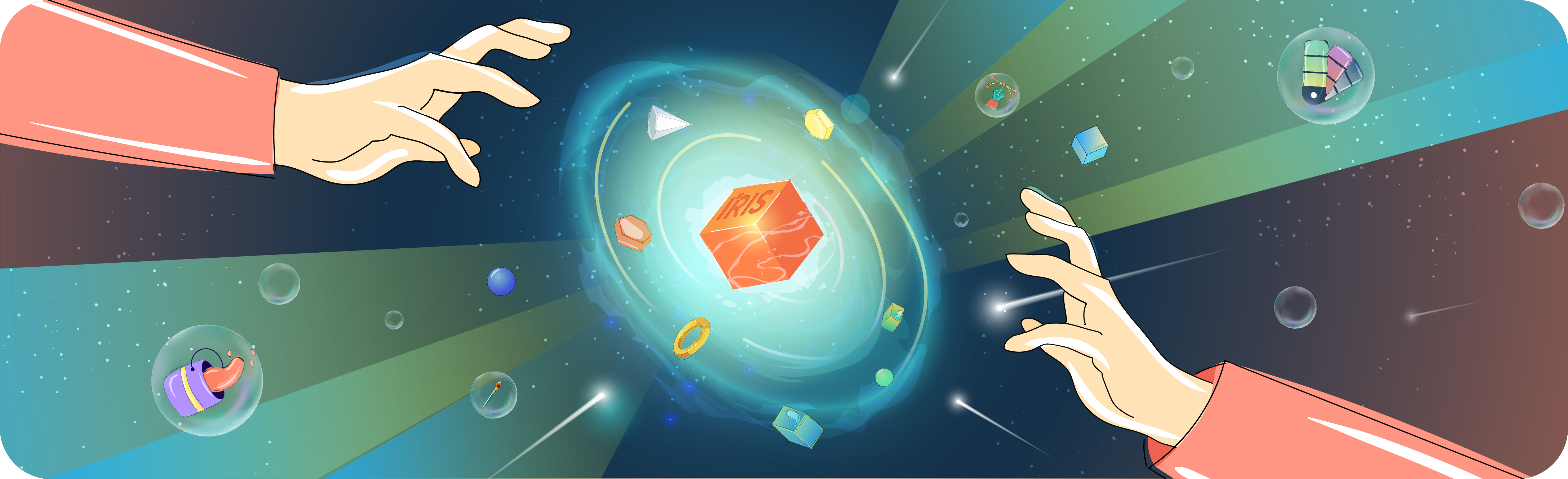 An illustration symbolizing "Logo Magic," where two hands appear to conjure a cosmic nebula containing a central Iris Creatives logo surrounded by floating design elements.