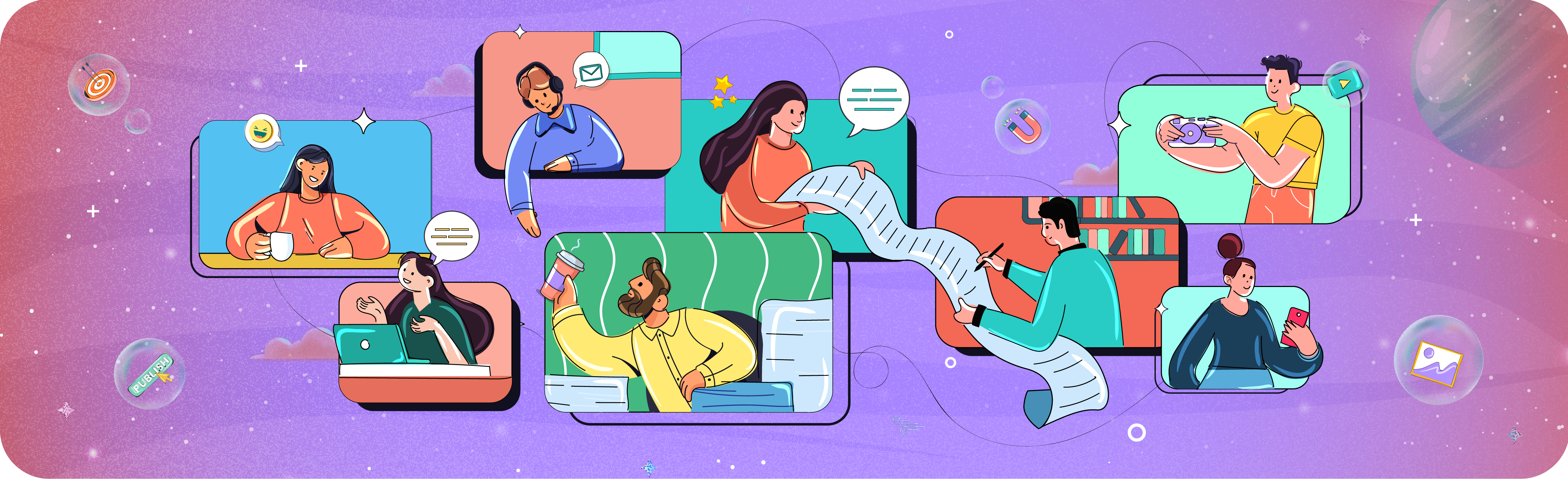 A vibrant collage illustrating the modern content landscape, with diverse people creating, sharing, and interacting with information through various media like laptops, phones, and cameras.