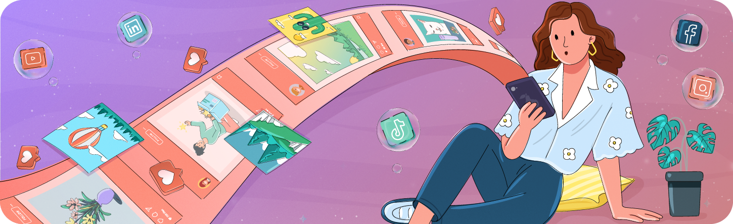 A stylized illustration of a woman Browse social media on her phone, surrounded by floating social media icons and a stream of engaging visual content.