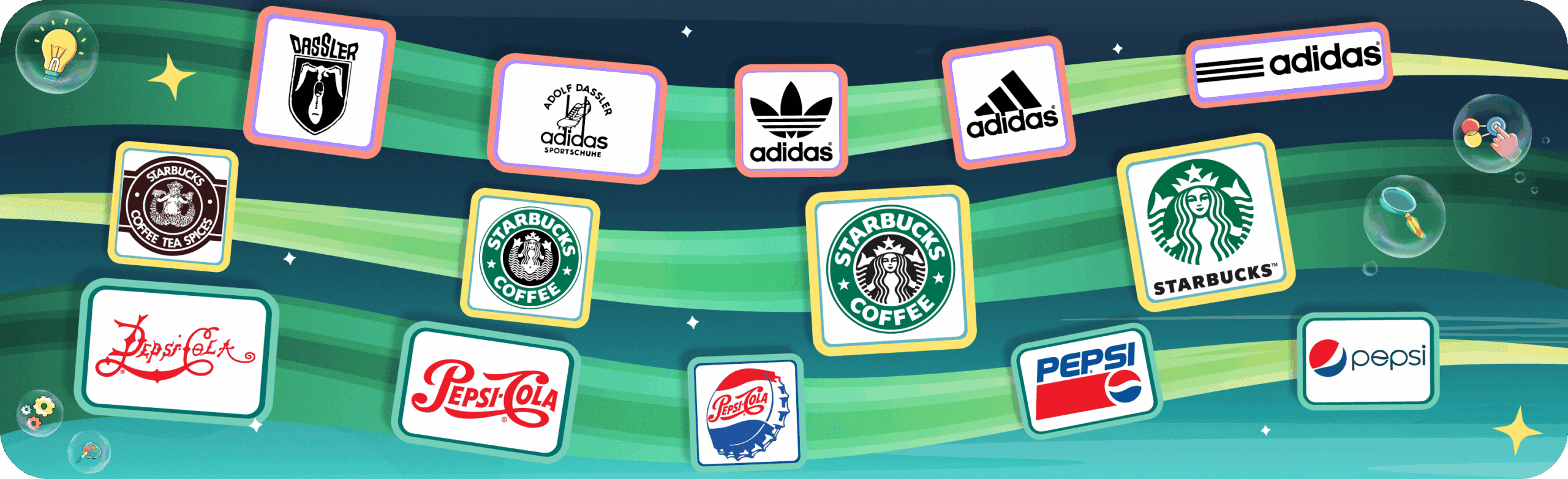 A stylized banner for a blog post about illustrative design and brand recognition. The background features wavy bands of teal and dark green, dotted with small white stars and playful lightbulb and magnifying glass icons within soap bubbles. Scattered across the banner are illustrative logo designs, showcasing the evolution of the Adidas three stripes and trefoil, various iterations of the Starbucks siren logo in circular frames, and different Pepsi-Cola logos including stylized text and the globe design. The logos are presented as illustrative examples within the banner's design.