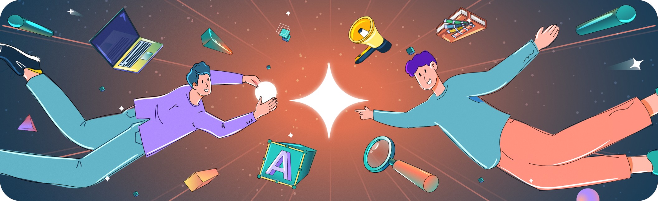 An illustrative banner for a guide to digital branding, featuring two creative professionals exploring the universe of branding. They are surrounded by floating icons like a laptop, megaphone, and magnifying glass, and are collaboratively reaching for a bright star that symbolizes innovation and brand success.