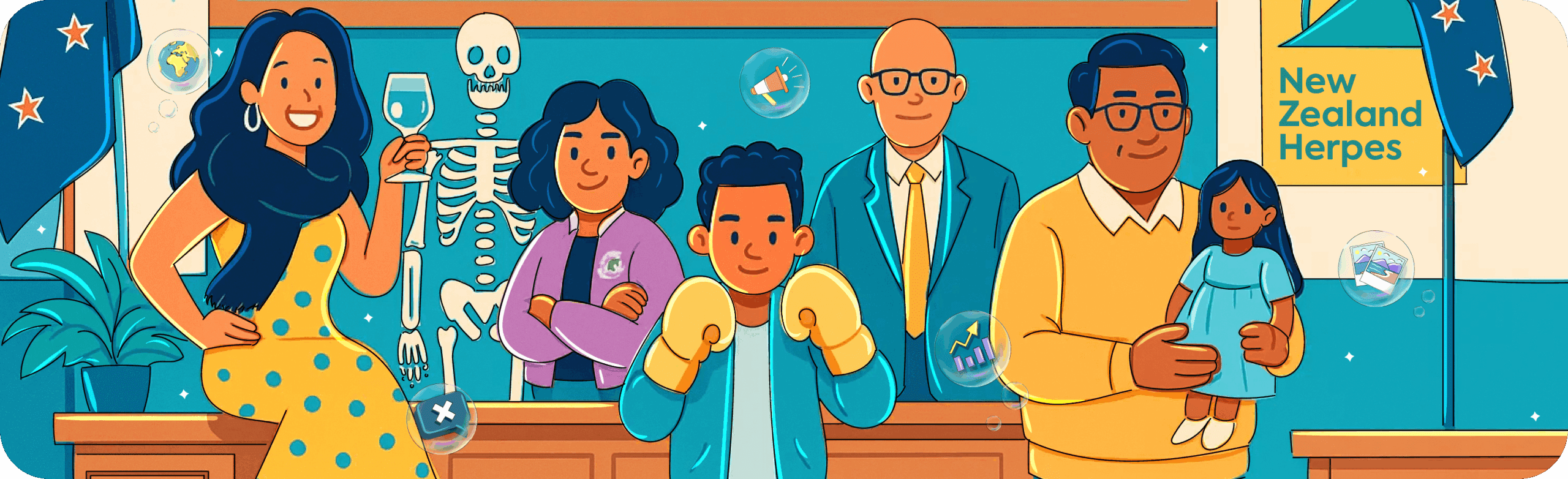 A colorful banner illustration for an article about the "New Zealand Herpes" campaign, featuring a diverse and quirky cast of characters to represent the campaign's unique and humorous approach to destigmatizing herpes.