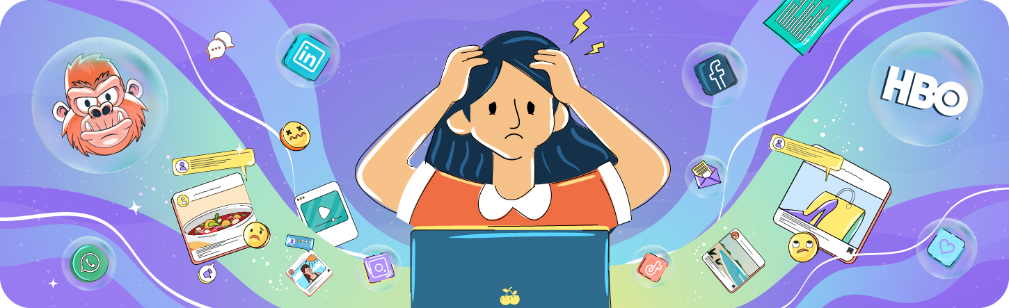 An illustration of a person looking stressed while sitting at their laptop, holding their head in their hands. They are surrounded by a chaotic swirl of digital elements including social media icons like LinkedIn and Facebook, the HBO logo, notification pop-ups, and social media posts, visually representing the concept of branding fatigue and digital overload.