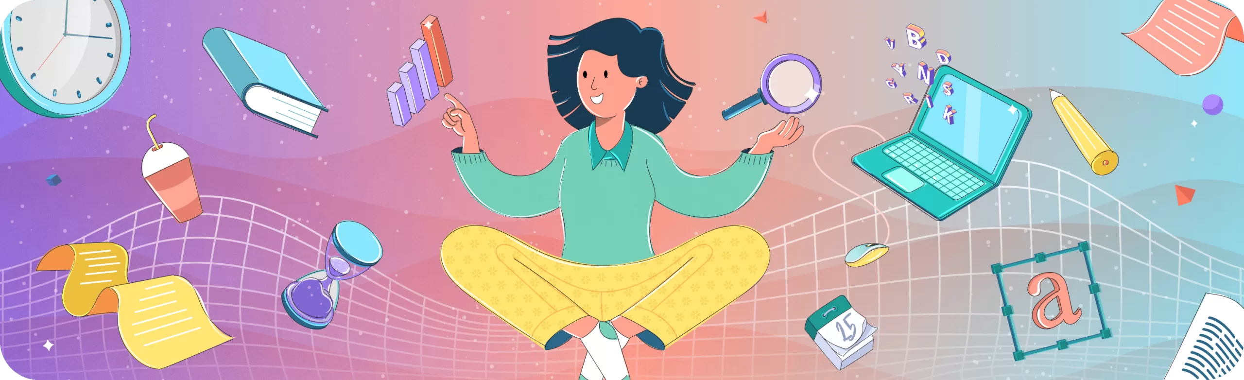 Cartoon illustration depicting effective blog SEO with a person balancing key elements like keyword research, content planning, and performance tracking in a vibrant digital space.