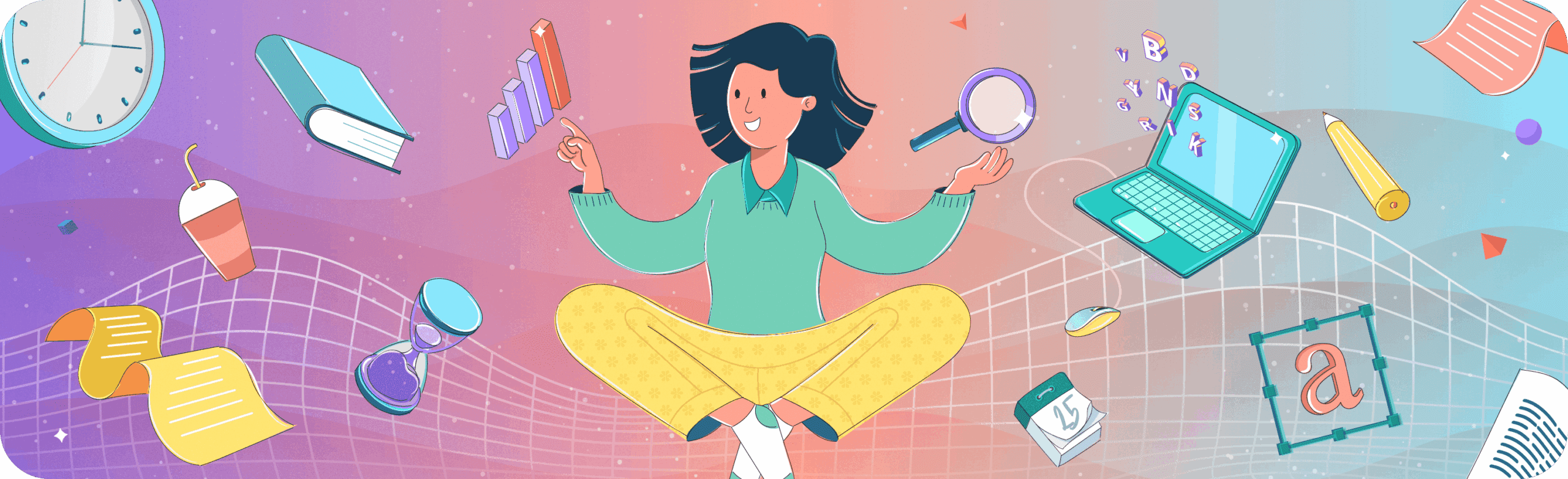 Cartoon illustration depicting effective blog SEO with a person balancing key elements like keyword research, content planning, and performance tracking in a vibrant digital space.