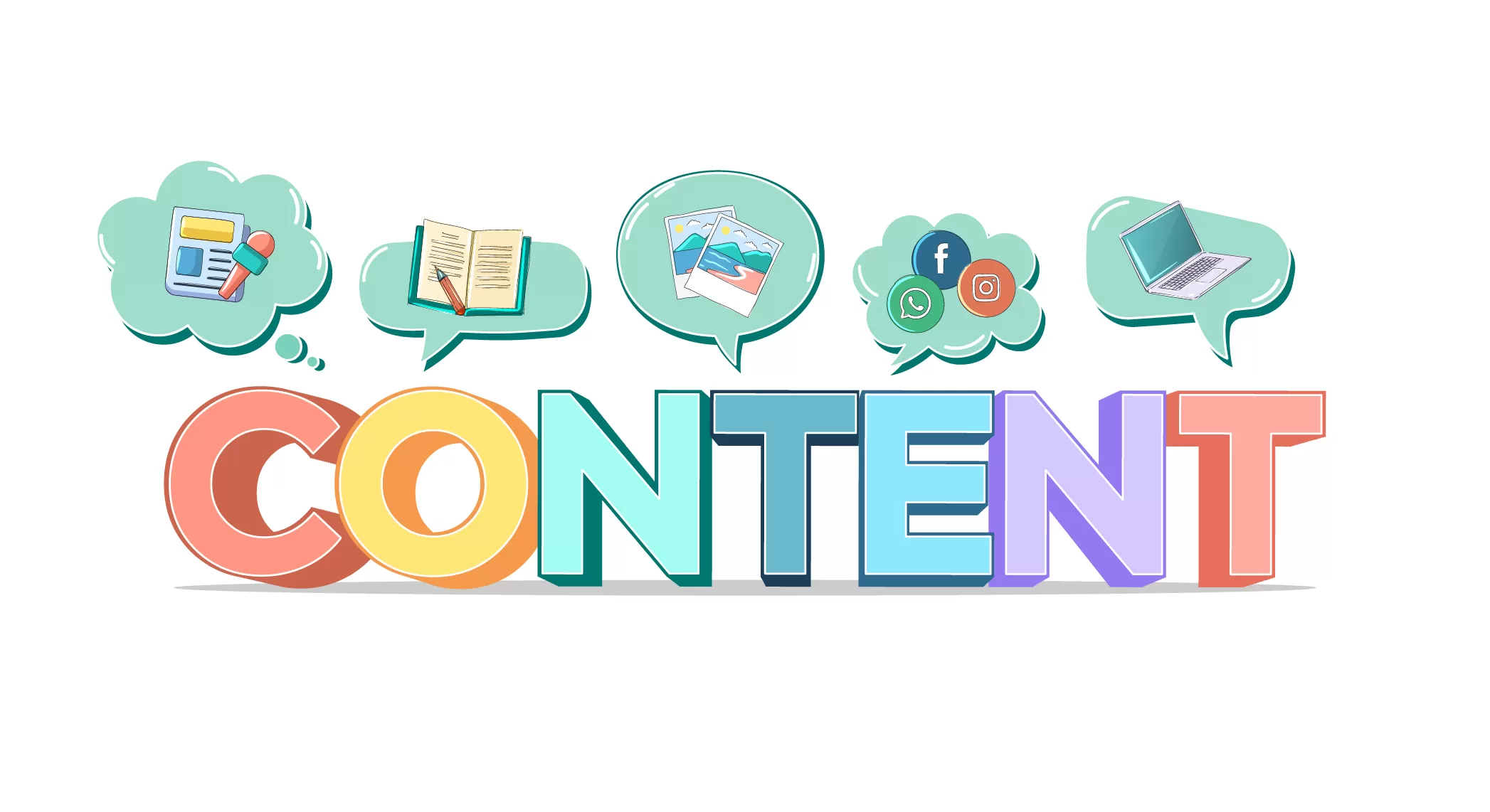 Large, colorful 3D text spelling "CONTENT" with thought bubbles above showing icons for news, books, photos, social media, and a laptop, representing diverse content formats.