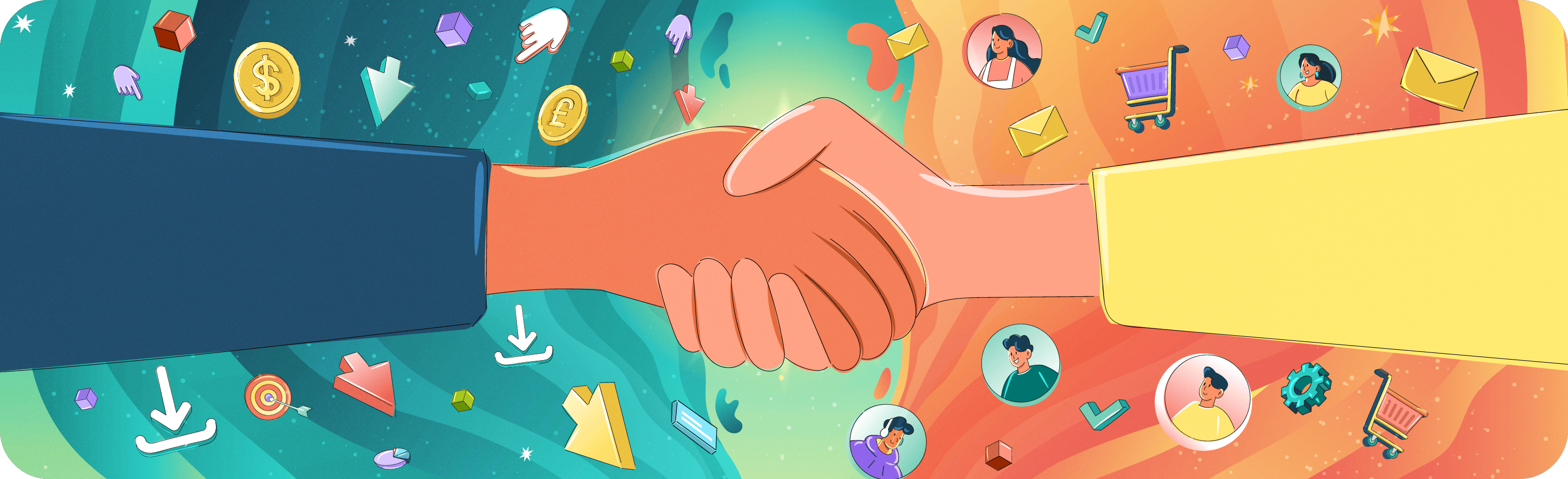 A handshake bridges two sides: one representing a business with money and goal icons, the other representing clients with avatars and shopping cart icons.