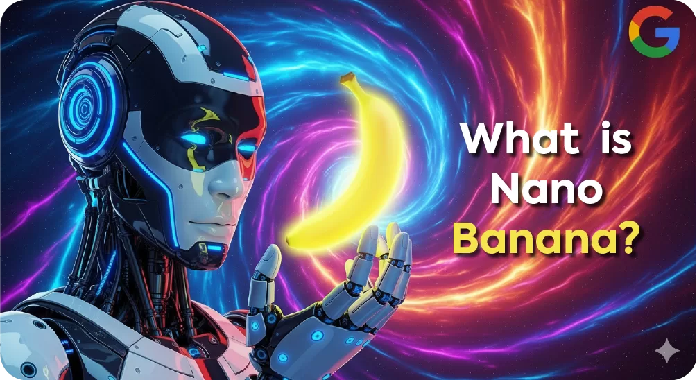 A futuristic robot holds a glowing banana against a cosmic, swirling background, with the text 'What is Nano Bananas?' and the Google logo, representing Google's new AI tool.