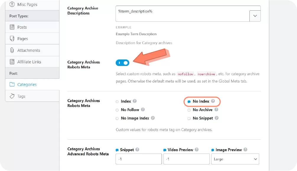 Screenshot of an SEO plugin's settings showing how to noindex category archives by selecting the 'No Index' robots meta option.