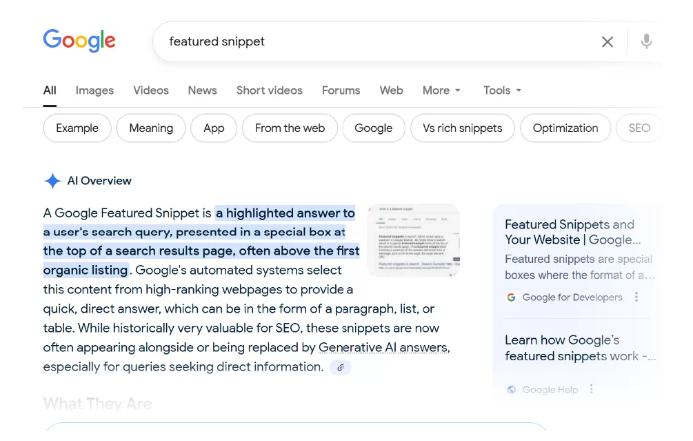 Screenshot of a Google search result for 'featured snippet' showing the AI Overview that defines the term as a highlighted answer at the top of the results.