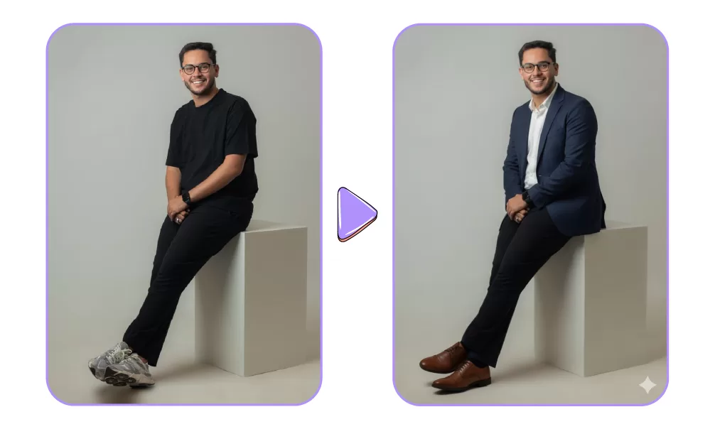 Before and after comparison of a man's attire; a casual look with a black t-shirt is transformed into a professional one with a navy blazer and dress shoes, showcasing Nano Banana's ability to edit clothing for portraits.
