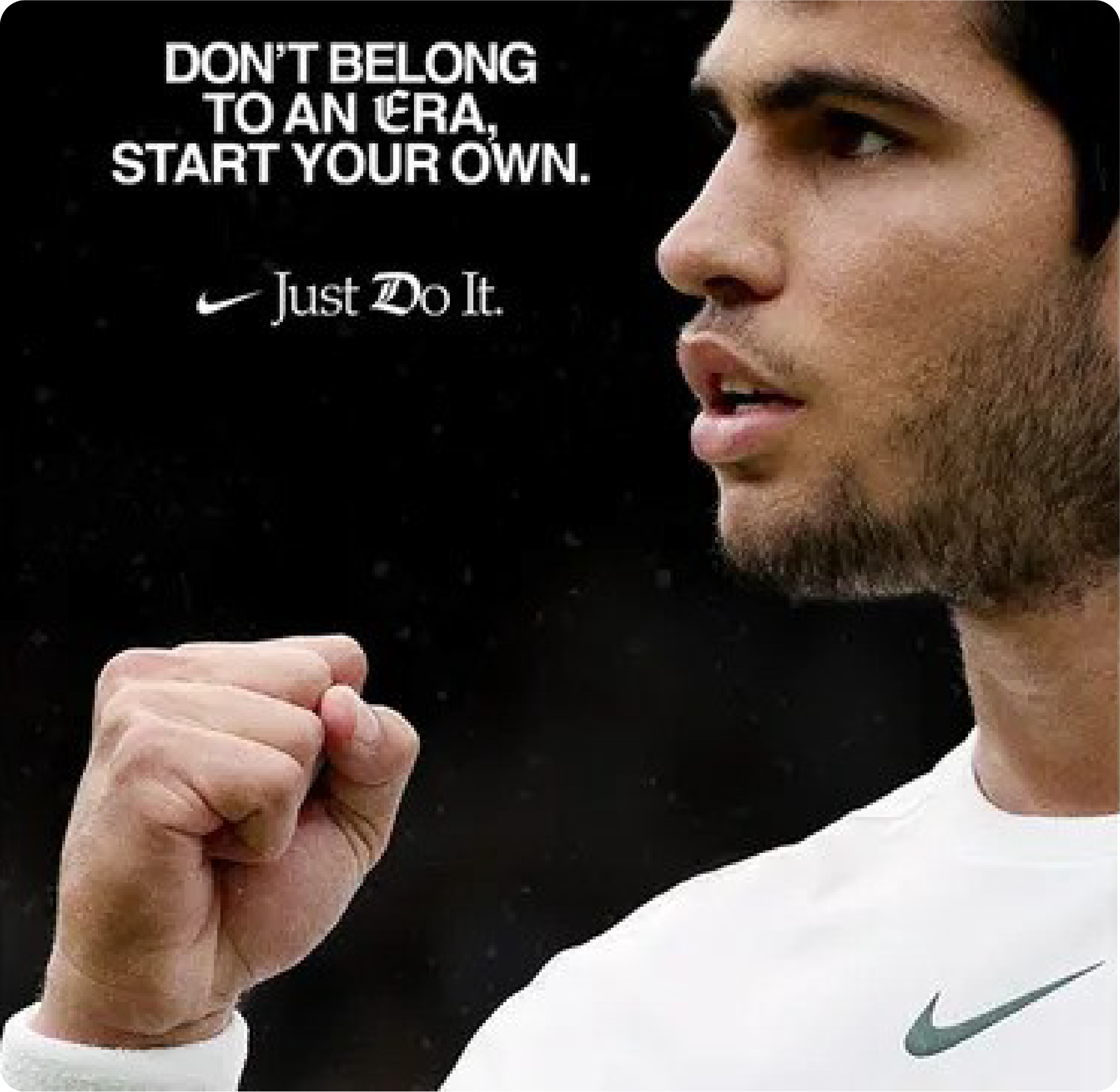 "Nike 'Just Do It' ad with Carlos Alcaraz, a modern example of powerful brand identity from a top creative agency."