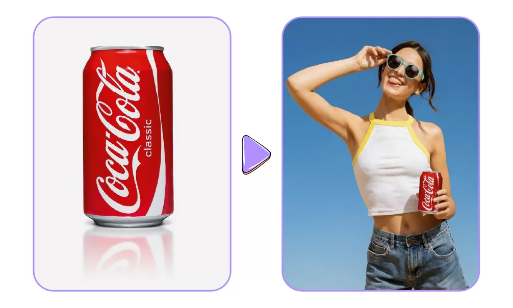 Before and after example of AI product placement: a studio shot of a Coca-Cola can is transformed into a lifestyle image of a woman holding the can at the beach, demonstrating Nano Banana's image compositing feature.