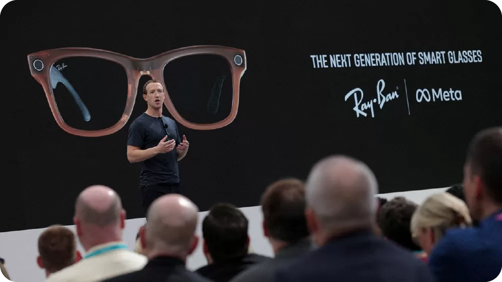 "Mark Zuckerberg on stage at a Meta event announcing the next generation of Ray-Ban Meta smart glasses."