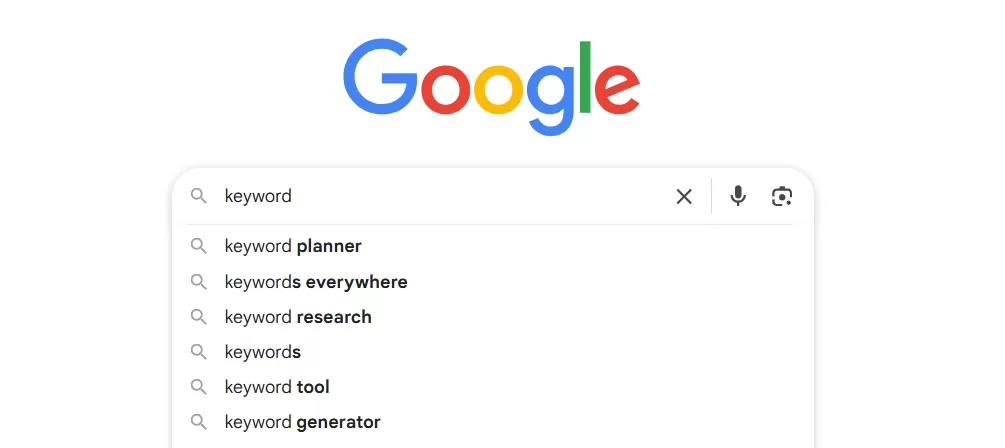 Screenshot of Google's search bar showing the autocomplete feature suggesting long-tail keywords like 'keyword planner' and 'keyword research'.