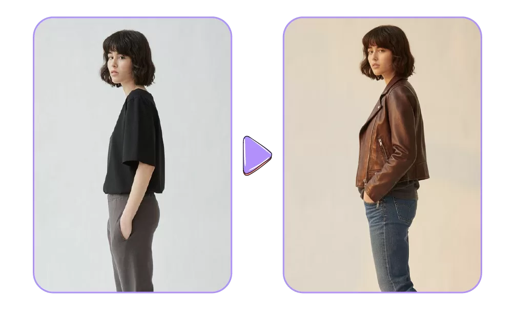 Before and after comparison of a woman's outfit: she's wearing a black t-shirt and grey pants in the first image, transformed into a brown leather jacket and jeans in the second, demonstrating Nano Banana's clothing swap feature.