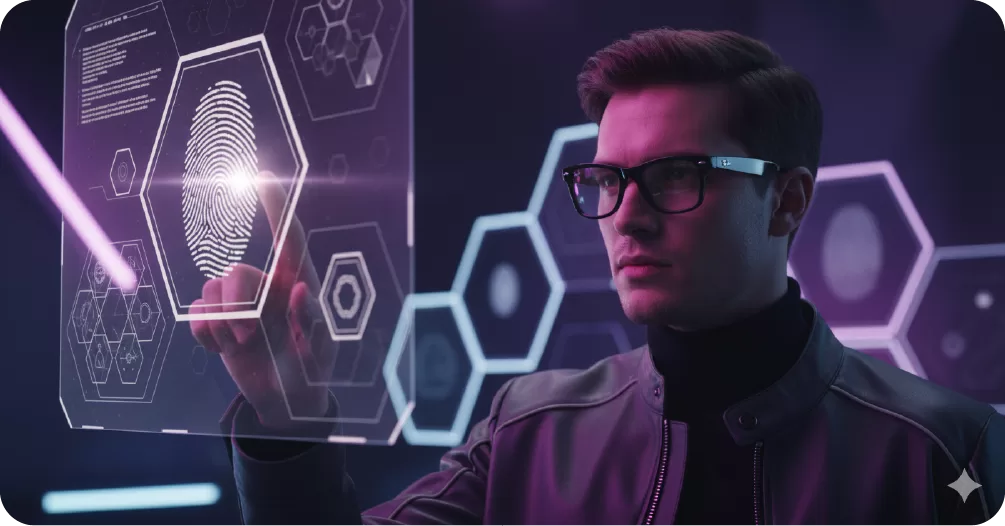 "Man using a futuristic augmented reality interface, touching a fingerprint icon to represent data privacy and security in AR marketing." 