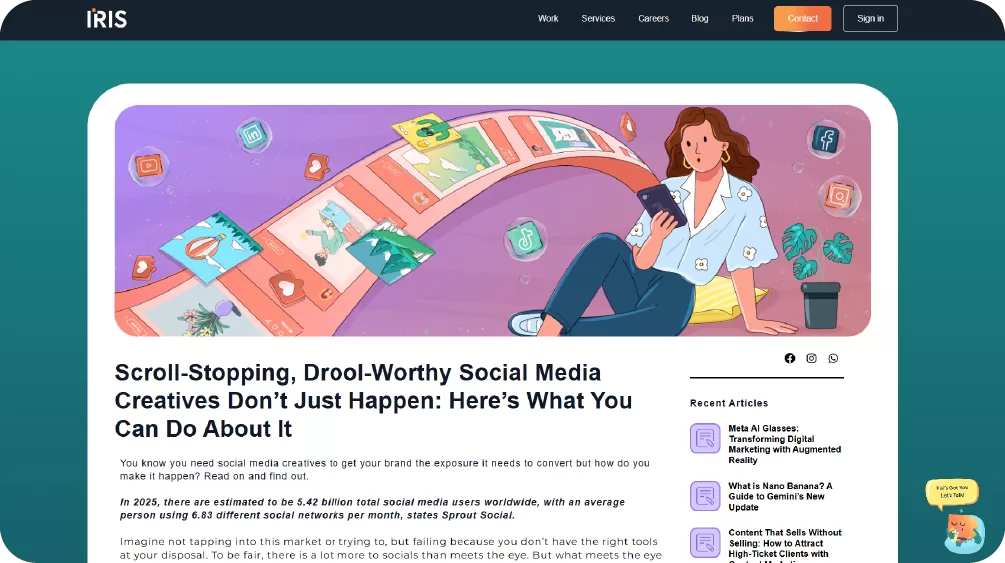 Screenshot of an Iris Creatives blog post titled 'Scroll-Stopping, Drool-Worthy Social Media Creatives Don't Just Happen'.