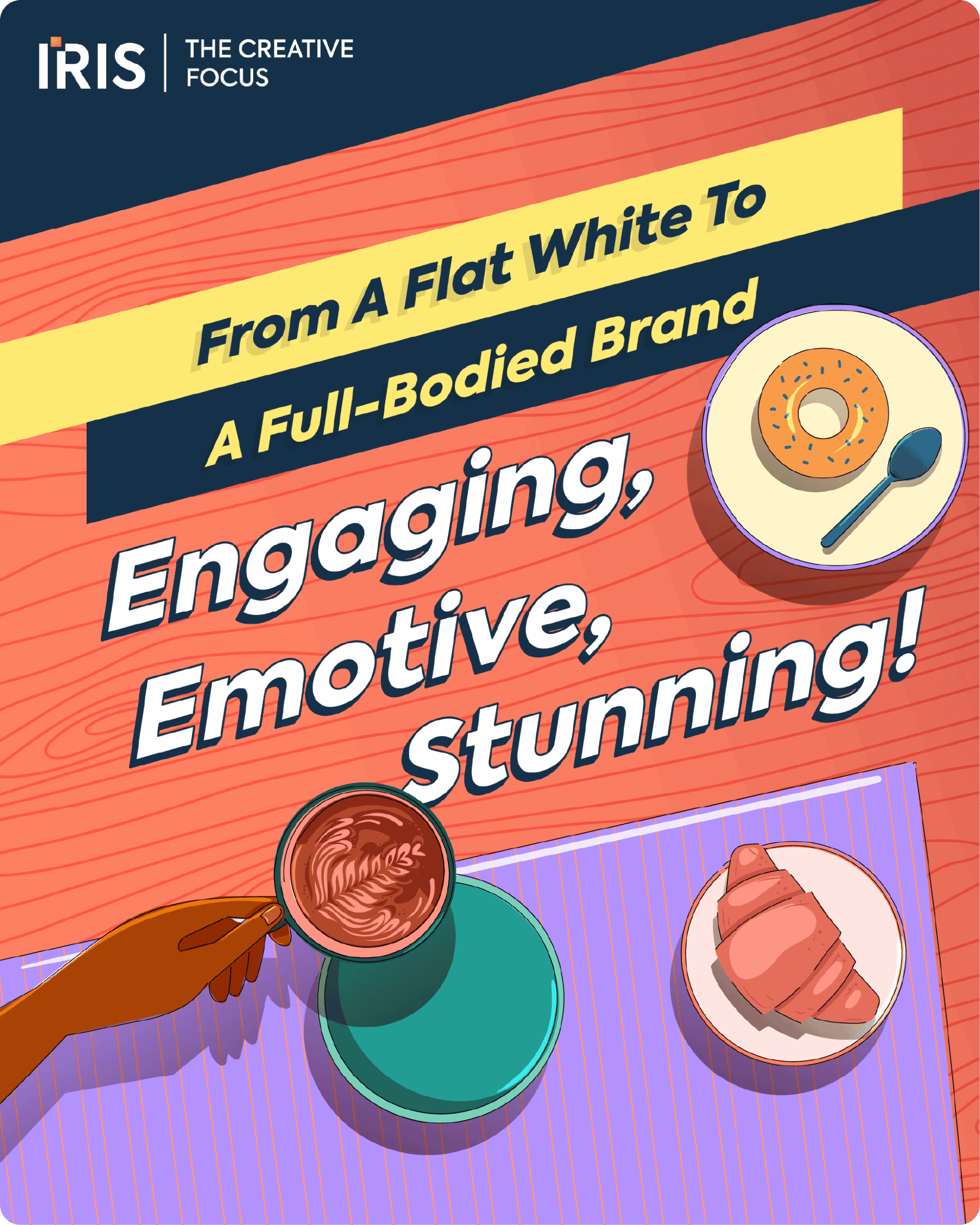 Illustration by IRIS demonstrating how their creative agency creates engaging and emotive brand identities for businesses like coffee shops.