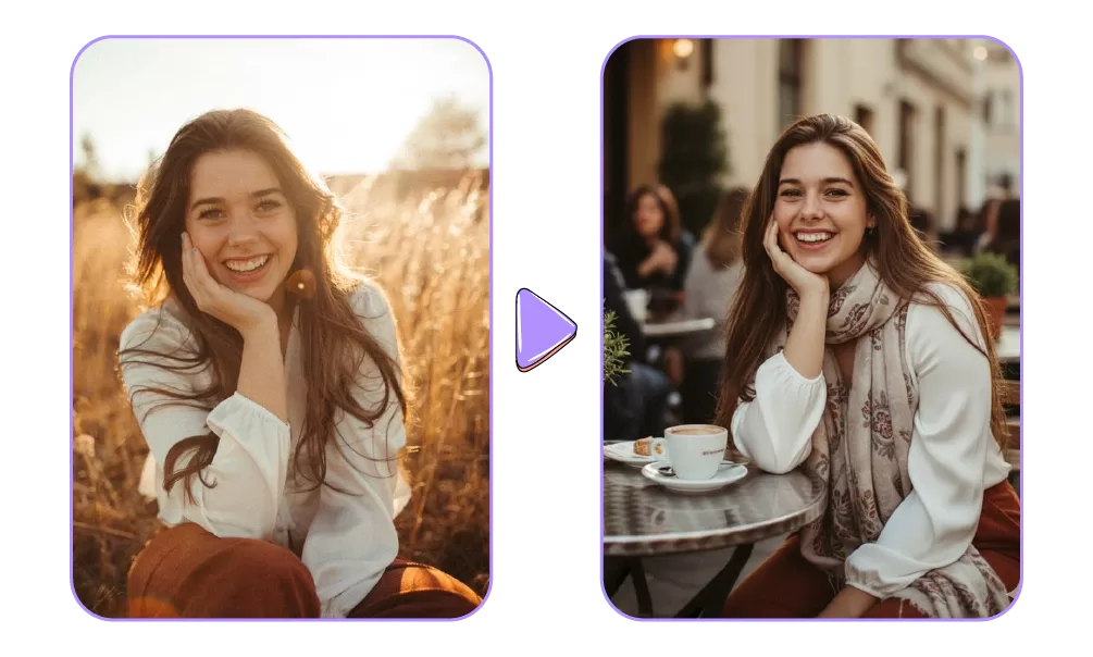 Before and after comparison of a smiling woman: in a field with golden hour lighting in the first image, transformed into an outdoor cafe setting with a coffee in the second, illustrating Nano Banana's background and mood editing capabilities.