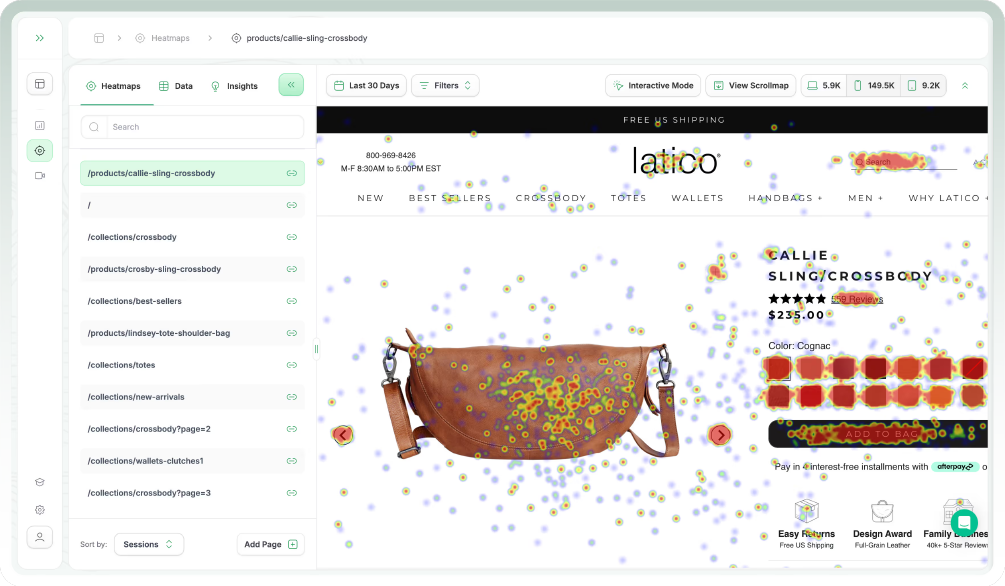 A screenshot of a heatmap analytics tool showing user activity on an e-commerce product page. Hot spots indicate high engagement on the product image and color options.