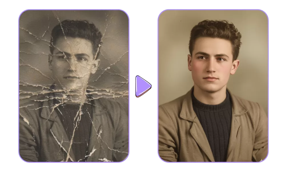 Before and after comparison of a vintage portrait: a severely damaged, black and white photo of a young man on the left, transformed into a restored, colorized, and enhanced version on the right, highlighting Nano Banana's photo restoration feature.