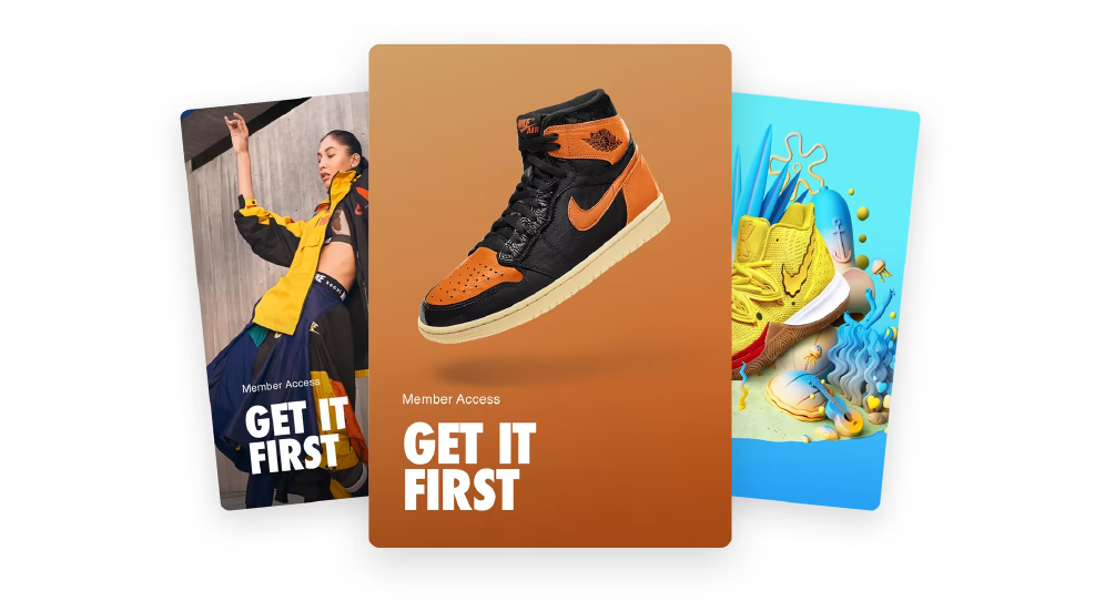Promotional images for Nike products showing sneakers and apparel with the text "Member Access - GET IT FIRST" to illustrate brand loyalty and exclusivity.