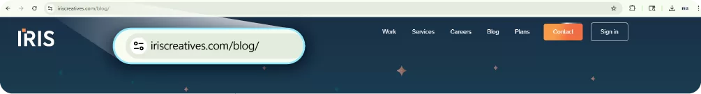 Screenshot of a browser address bar showing an example of a short, clean URL: https://www.iriscreatives.com/blog
