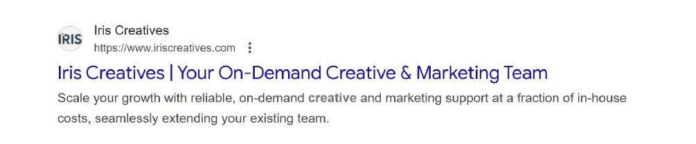 Screenshot of the Google search result for Iris Creatives, showing an example of a well-written SEO title and meta description.