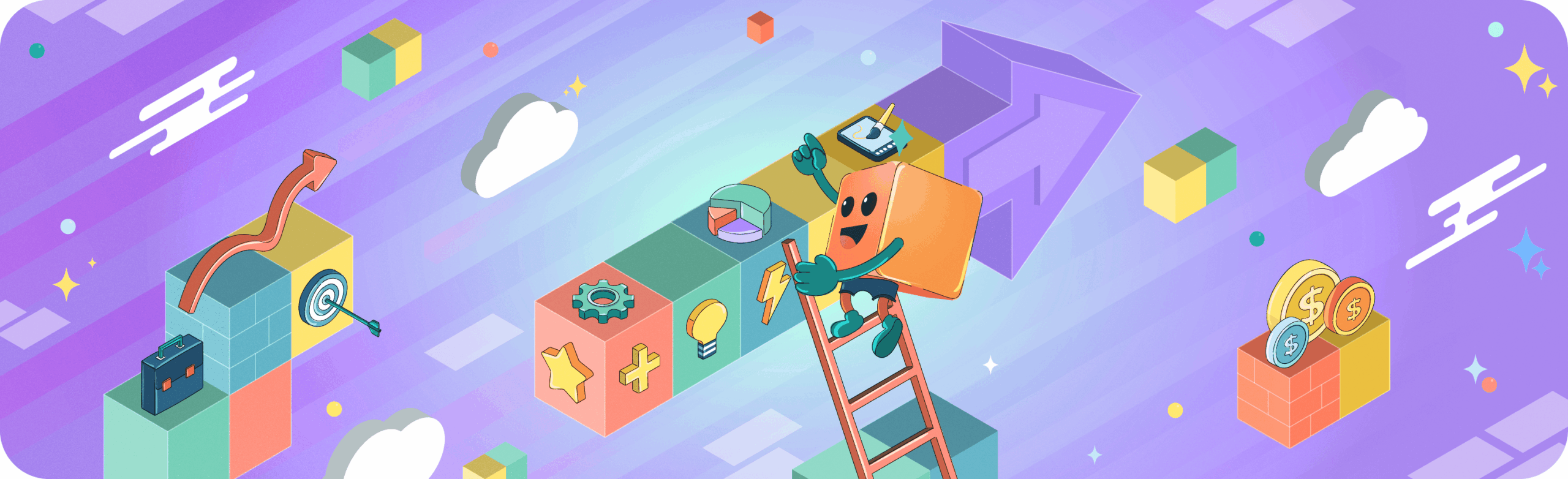 Creative agency services driving business growth. Isometric illustration of marketing strategy leading to financial success.