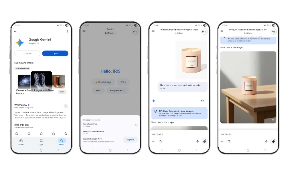 Four screenshots of a smartphone showing how to use Nano Banana in the Google Gemini app. The steps show updating the app, prompting it to place a candle on a wooden table, and the final generated image.