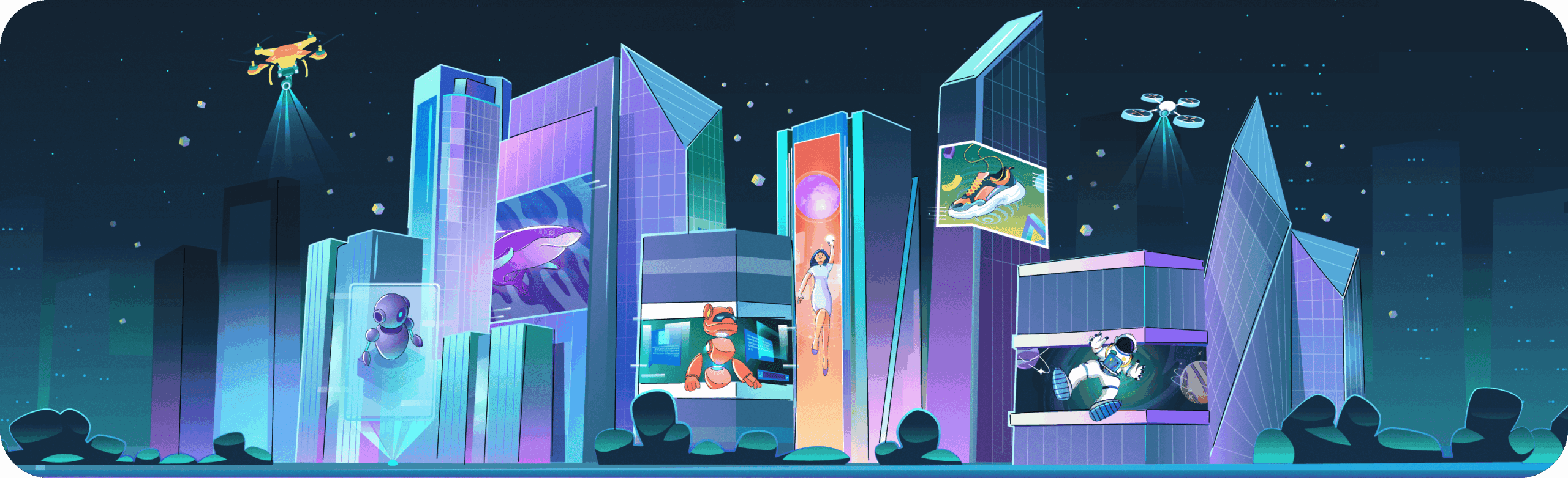 A vibrant illustration of a futuristic cityscape at night, showcasing the future of AI-powered OOH advertising. Gleaming skyscrapers are adorned with dynamic digital billboards and holographic displays featuring various advertisements, while drones fly above, representing a new era of tech-driven, immersive marketing.