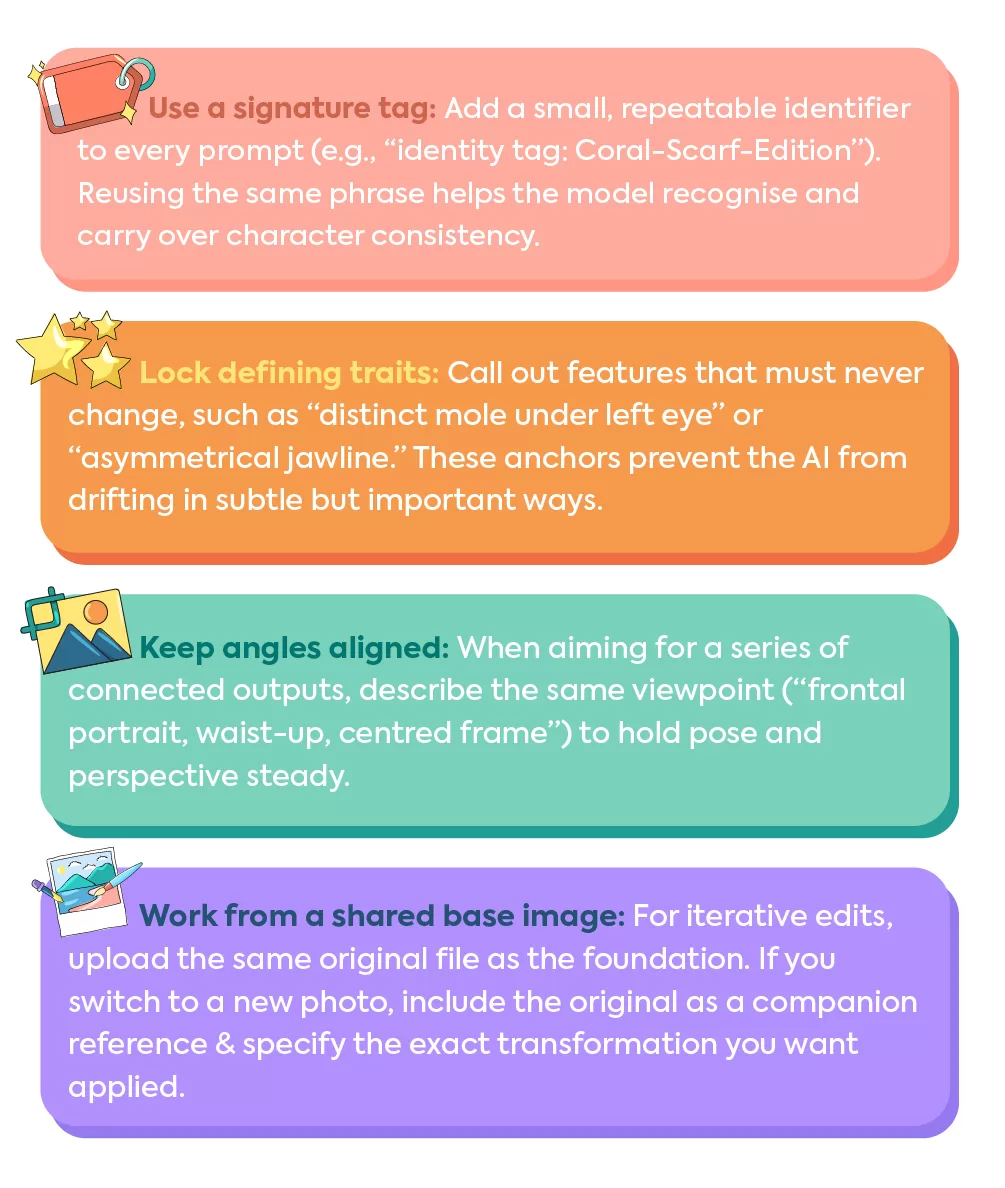 Infographic with four tips for character consistency in Nano Banana: 1. Use a signature tag. 2. Lock defining traits. 3. Keep angles aligned. 4. Work from a shared base image.