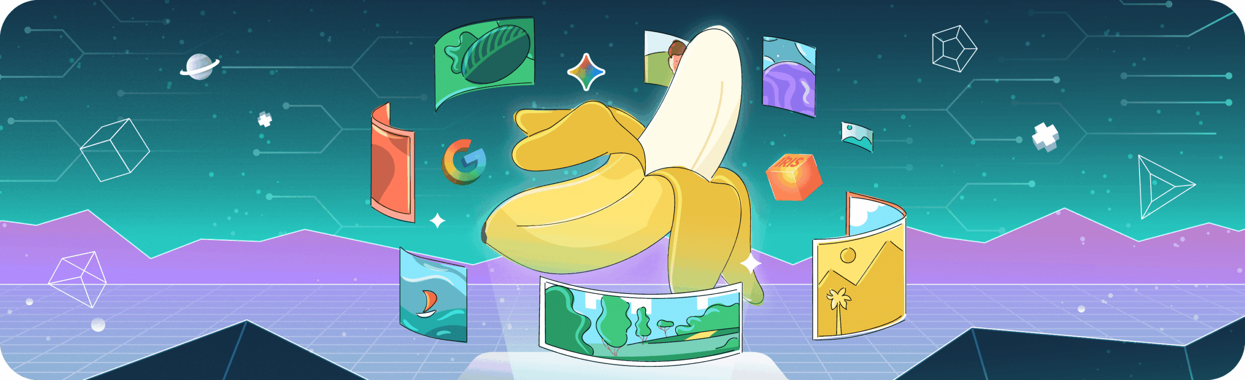 A stylized illustration of a banana representing the Nano Banana AI image tool from Google, surrounded by various generated images against a futuristic digital background.