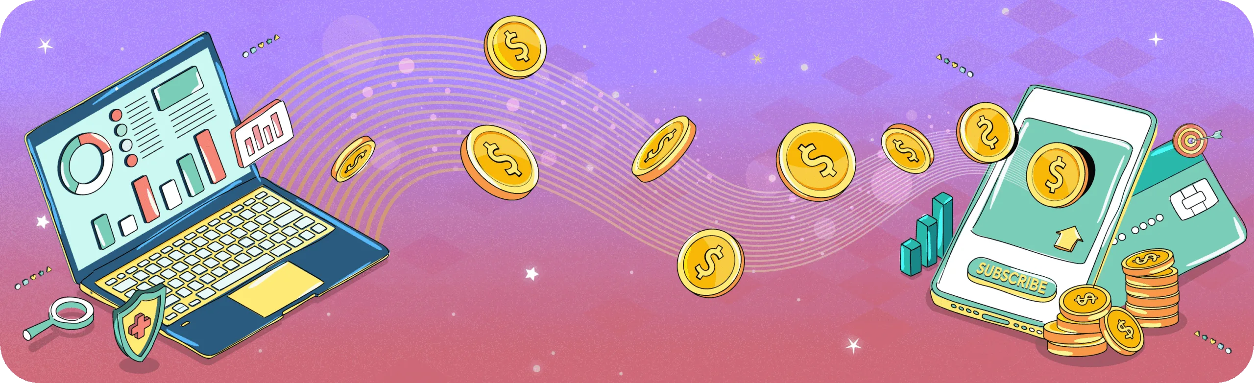 An illustration showing the financial ROI of a marketing subscription, with data charts on a laptop and coins flowing to a subscription payment app.