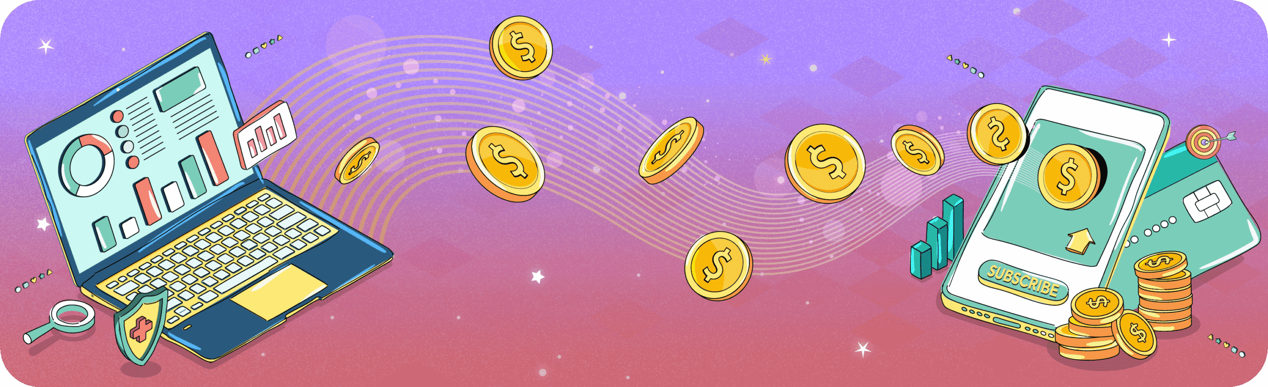 An illustration showing the financial ROI of a marketing subscription, with data charts on a laptop and coins flowing to a subscription payment app.