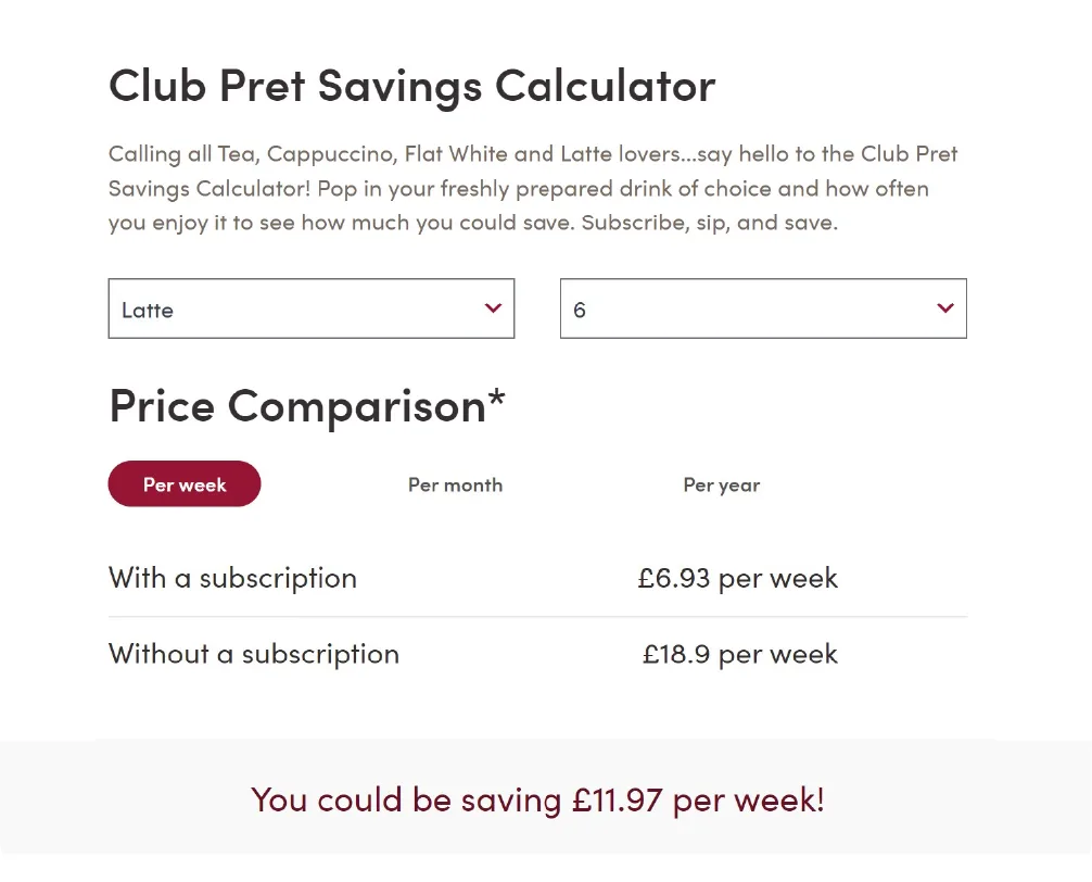 A screenshot of the Club Pret Savings Calculator showing how a subscription saves money, demonstrating the value of the subscription model.