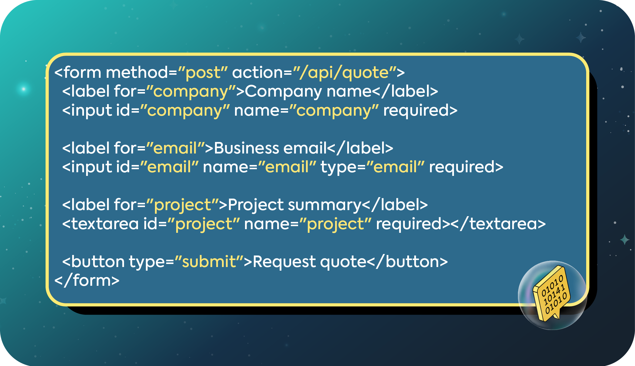 Example of accessible HTML form code designed for AI agent interaction and programmatic use.