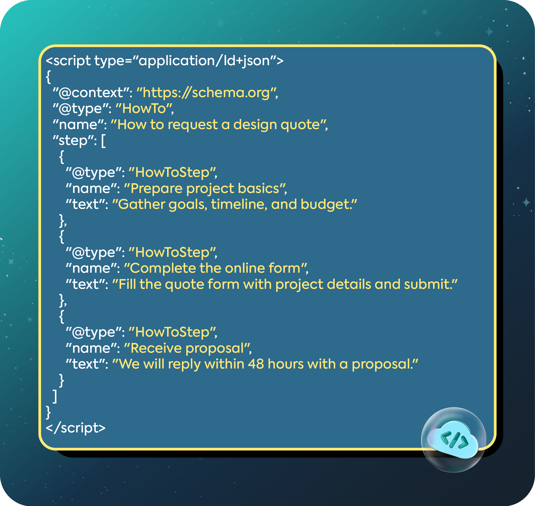 Code snippet example of JSON-LD structured data for HowTo schema markup designed for AI parsing.