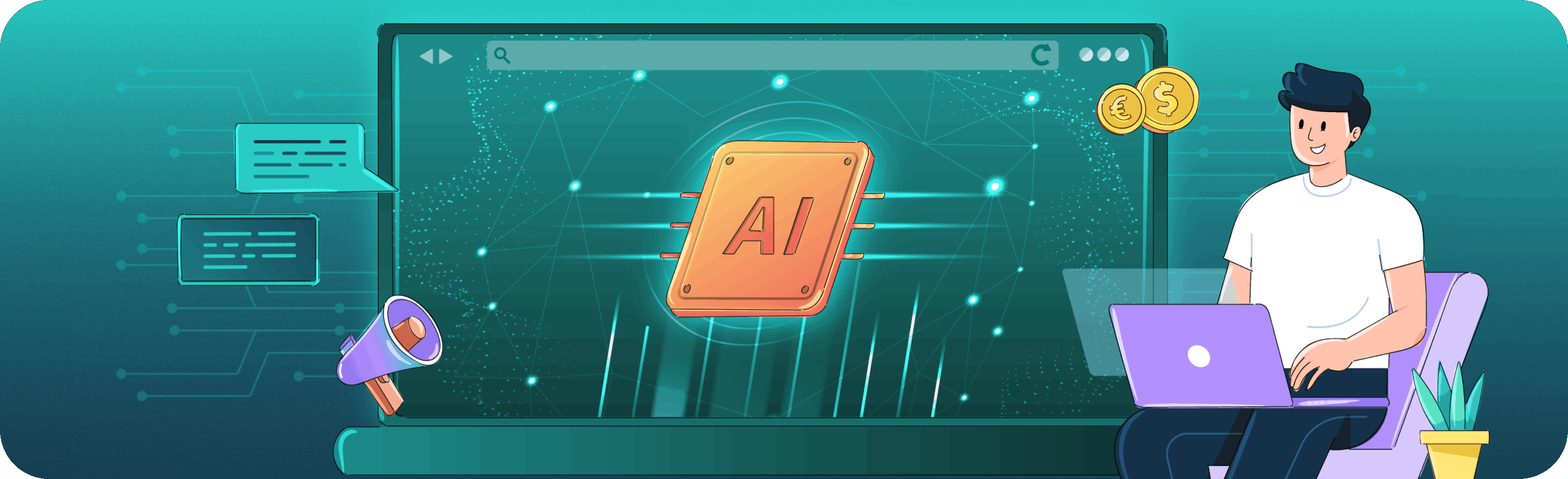 Man optimizing website for AI browsers with laptop, showing AI chip, chat bubbles, and megaphone.