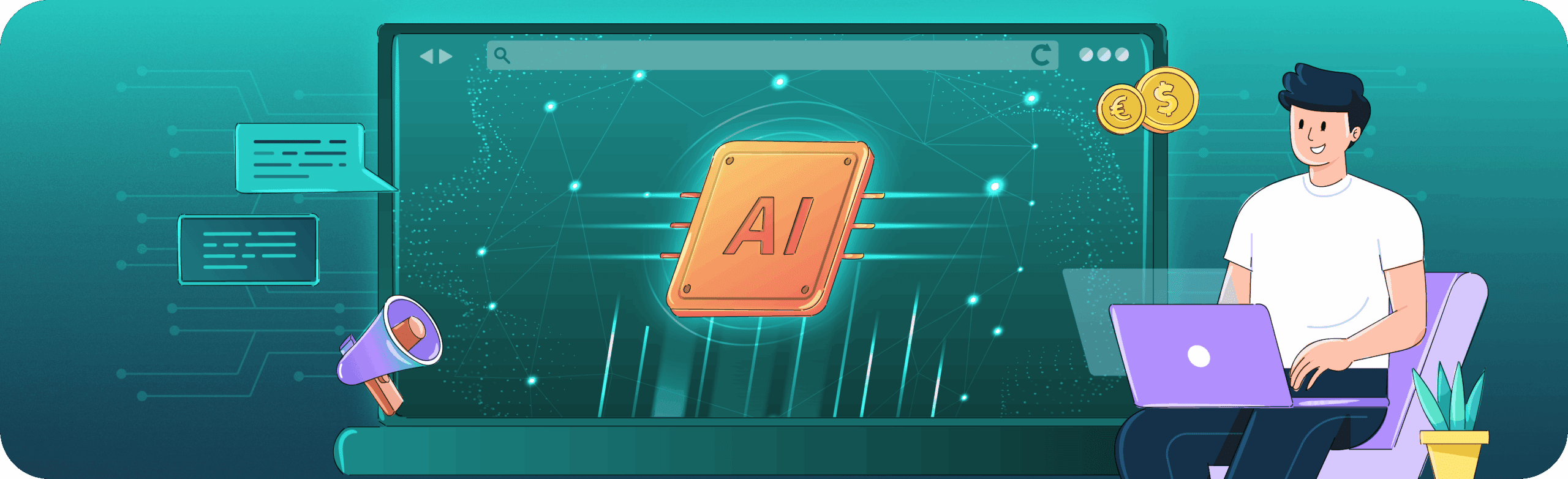 Man optimizing website for AI browsers with laptop, showing AI chip, chat bubbles, and megaphone.