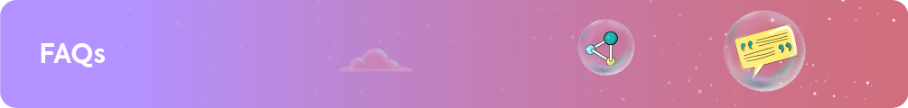 Purple and pink gradient banner titled "FAQs" with icons of connected nodes and a speech bubble.