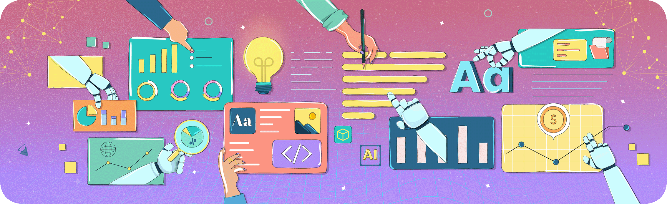 An illustration of human hands and robotic arms collaborating on a digital interface with icons for data, design, and code, representing the synergy of agentic workflows in creative work