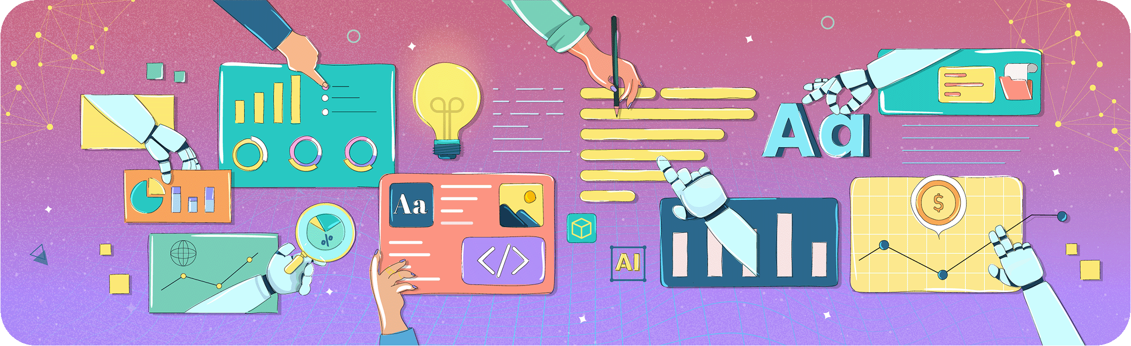 An illustration of human hands and robotic arms collaborating on a digital interface with icons for data, design, and code, representing the synergy of agentic workflows in creative work