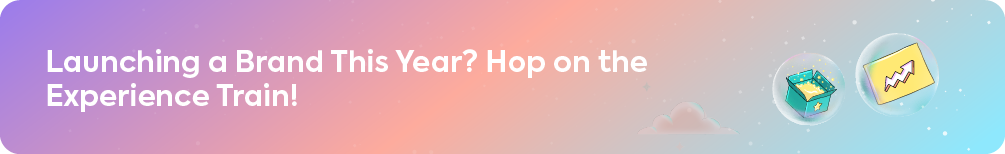 Gradient purple and pink blog banner reading "Launching a Brand This Year? Hop on the Experience Train!" featuring open box and growth chart icons to introduce experiential marketing strategies.