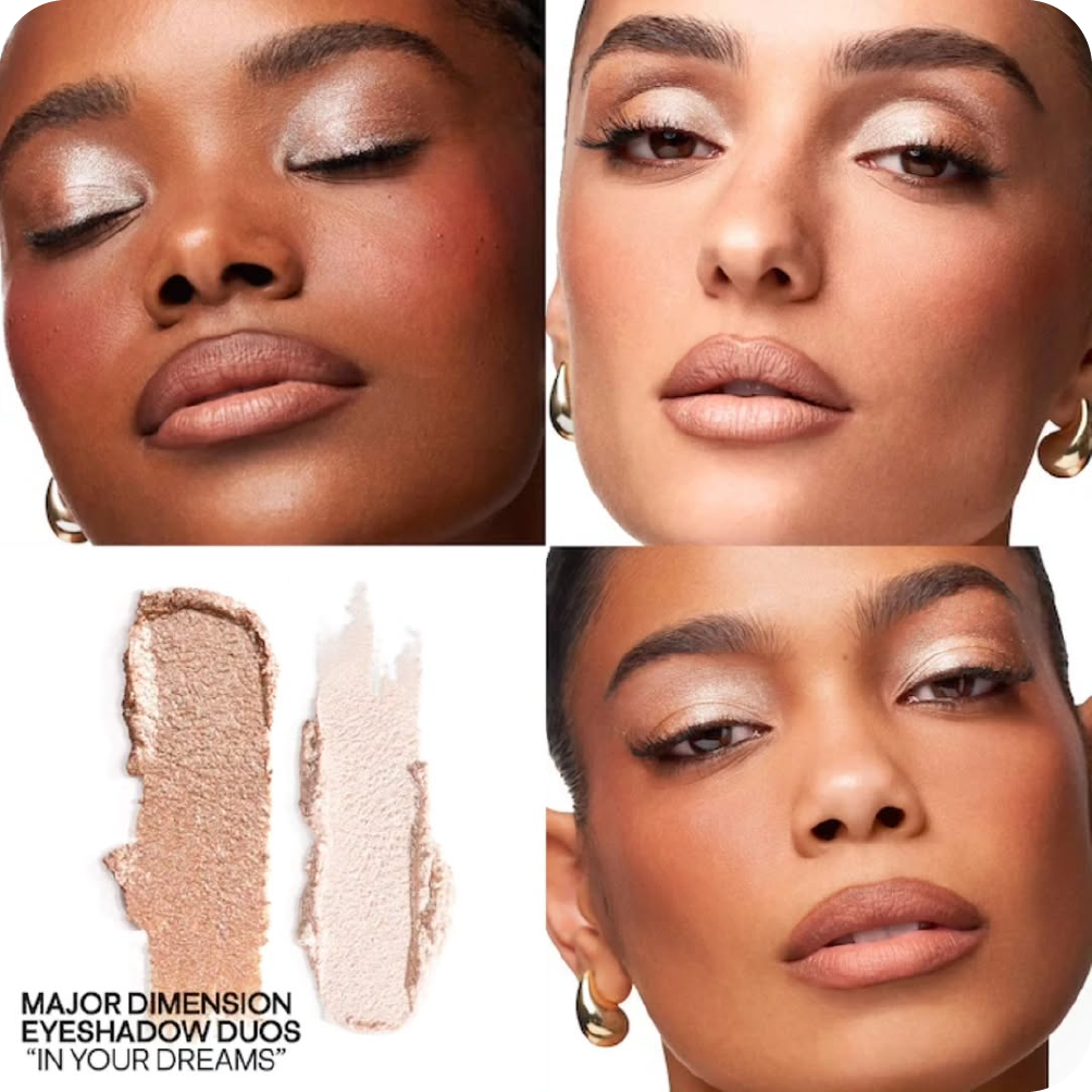 Collage showing close-up makeup looks on models and product swatches for the Patrick Ta Major Dimension Eyeshadow Duos "In Your Dreams" palette.