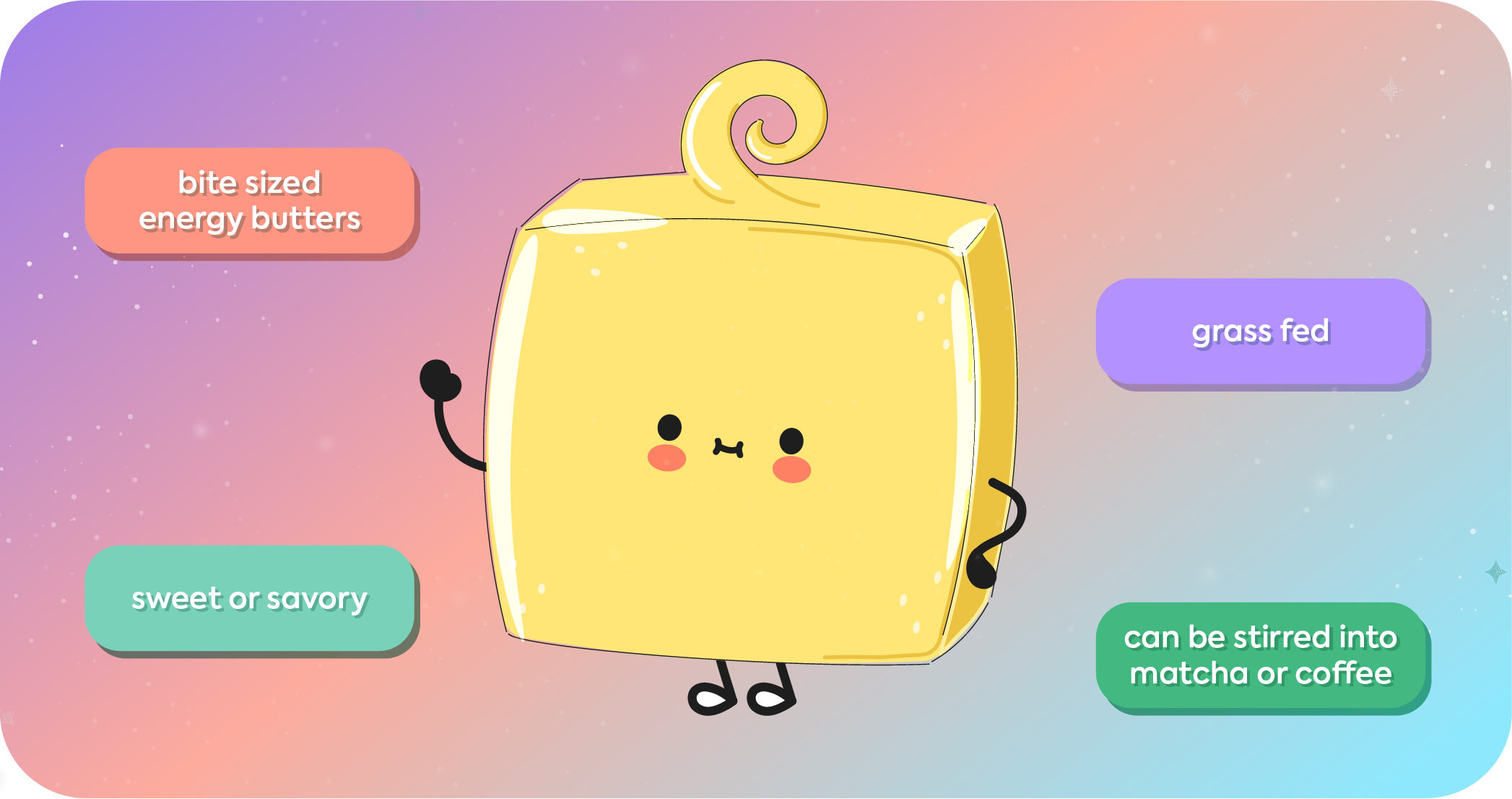 Cute cartoon butter character waving, surrounded by text bubbles highlighting functional benefits like "grass fed," "sweet or savory," and "bite sized energy butters" to illustrate experiential product marketing.