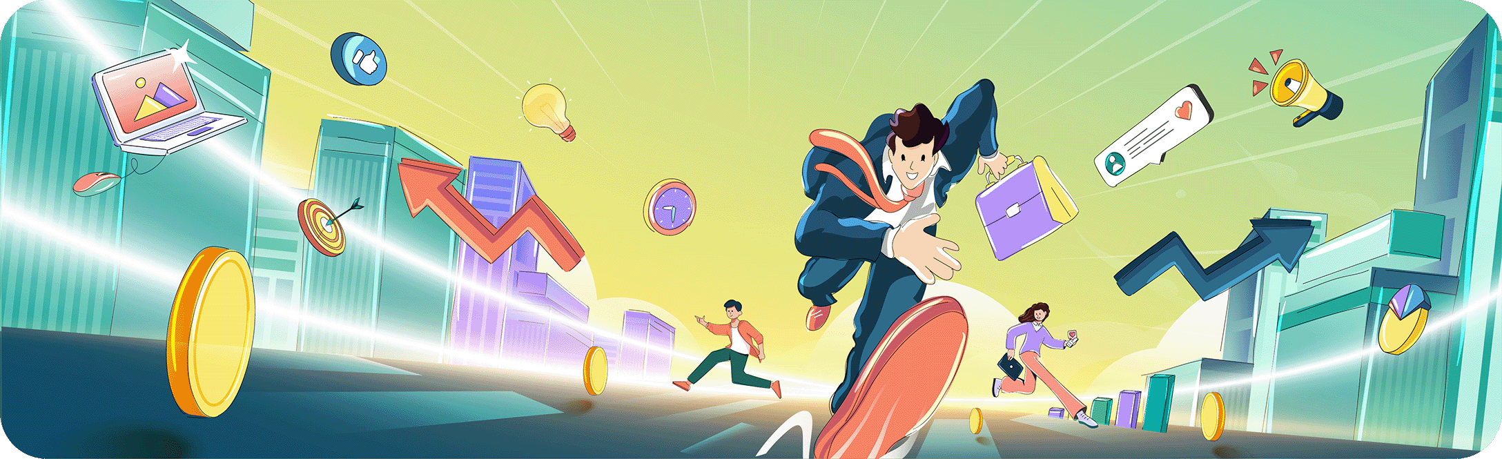 Illustration of professionals racing towards digital growth, representing the fast-paced nature of digital marketing and thought leadership.